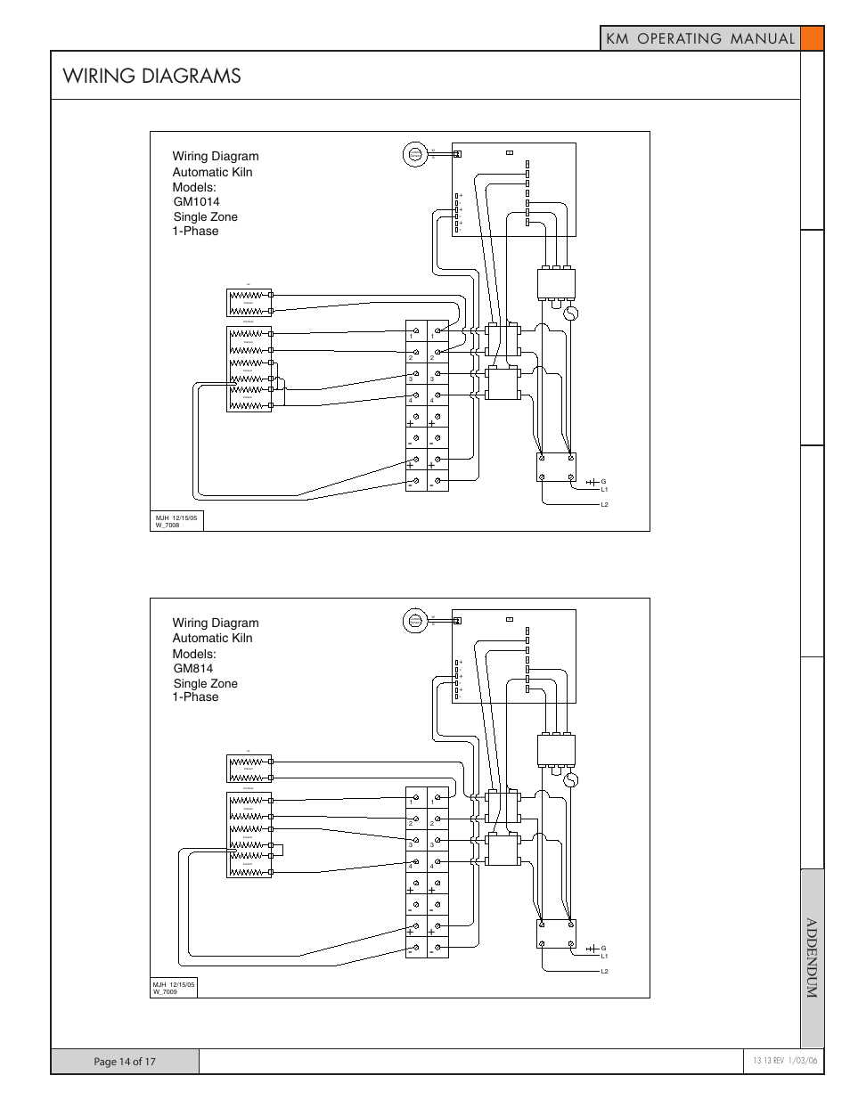 Wiring diagrams, Km operating manual, Wiring diagram models: 1-phase | Automatic kiln, Gm1014 single zone, Gm814 single zone | Skutt GlassMaster 700 Board User Manual | Page 14 / 17