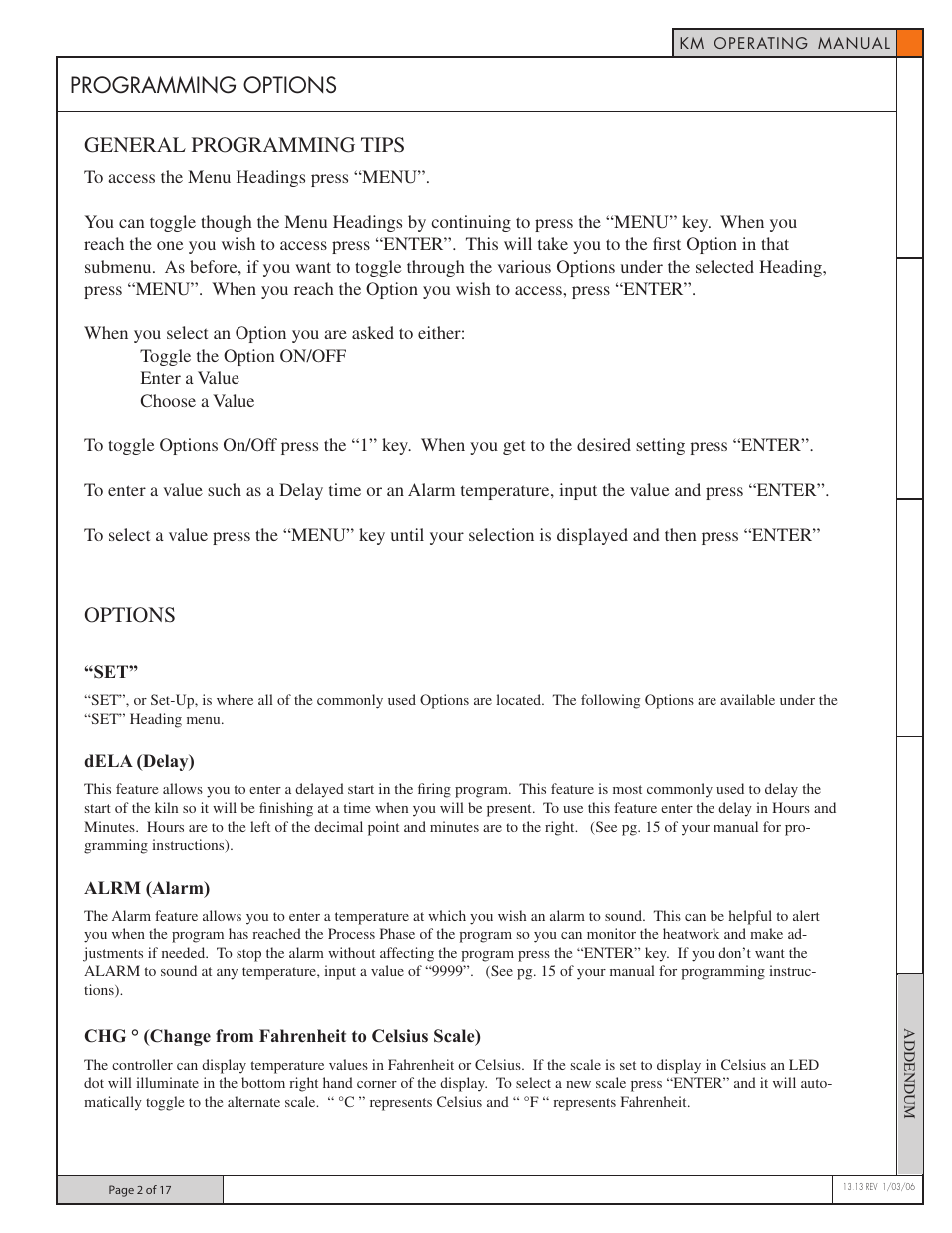 Programming options, General programming tips, Options | Skutt GlassMaster 700 Board User Manual | Page 2 / 17