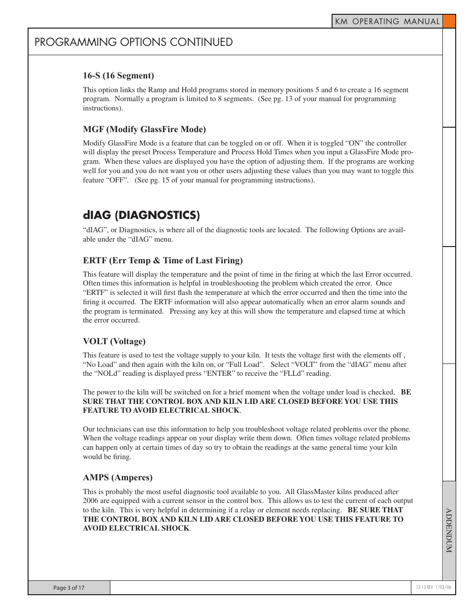 Programming options continued, Diag (diagnostics) | Skutt GlassMaster 700 Board User Manual | Page 3 / 17