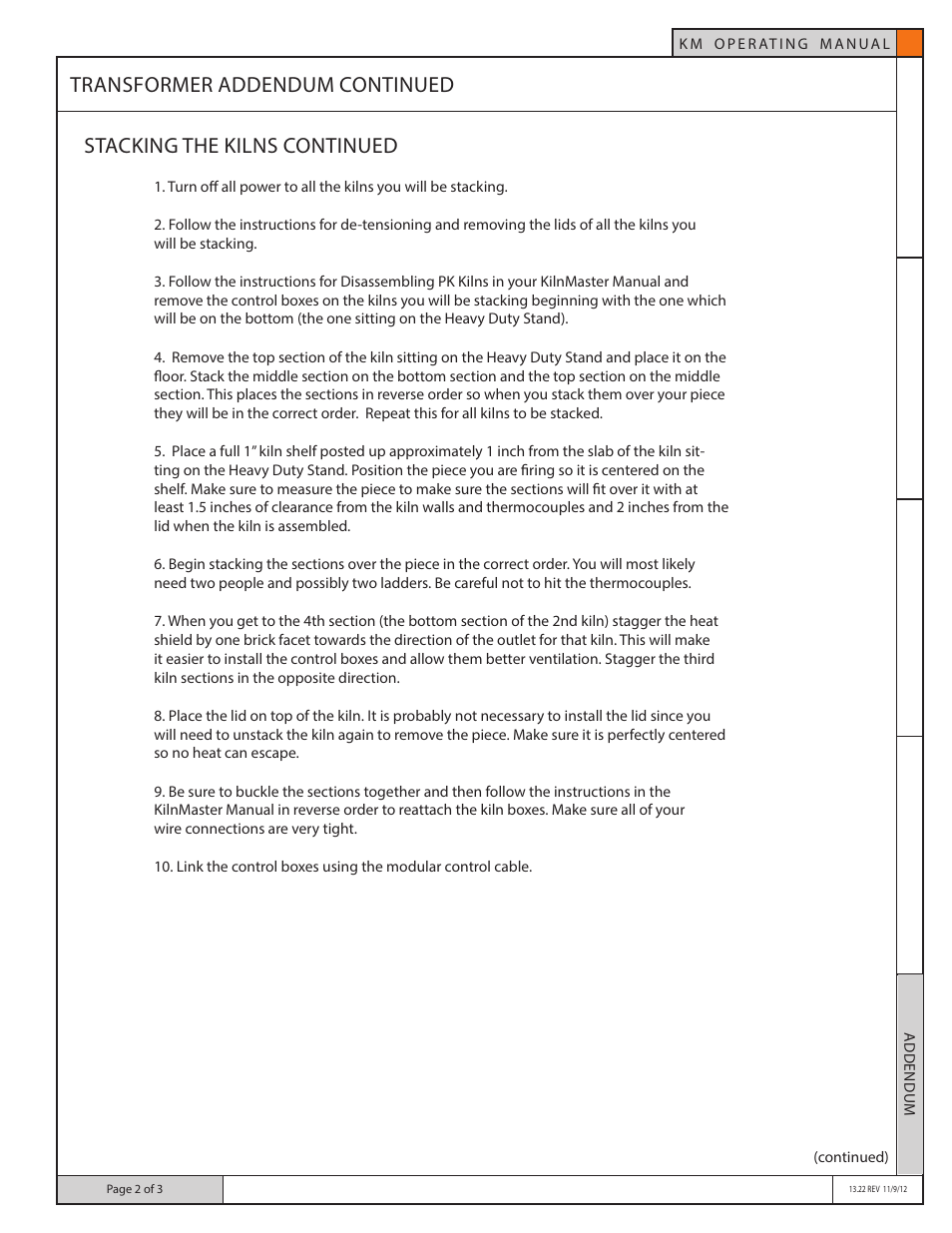 Transformer addendum continued, Stacking the kilns continued | Skutt Transformer User Manual | Page 2 / 3