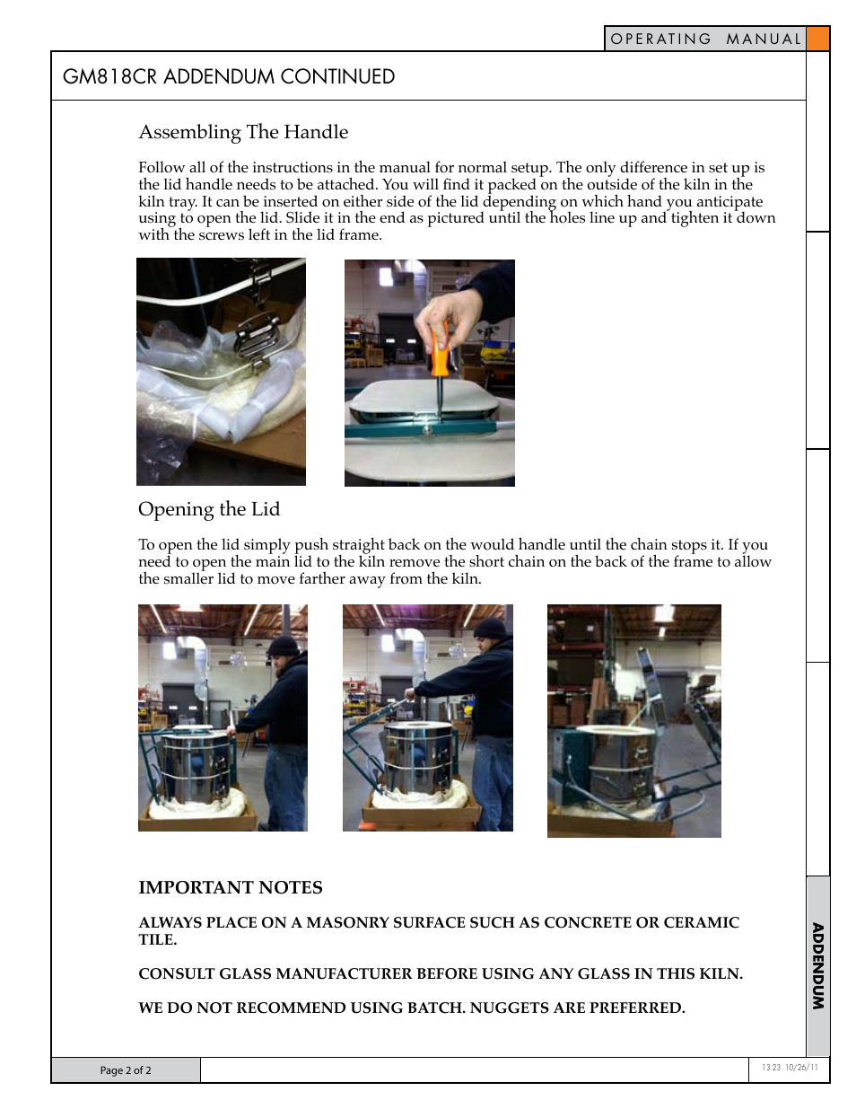 Gm818cr addendum continued, Assembling the handle, Opening the lid | Skutt GM818-3CR User Manual | Page 2 / 2