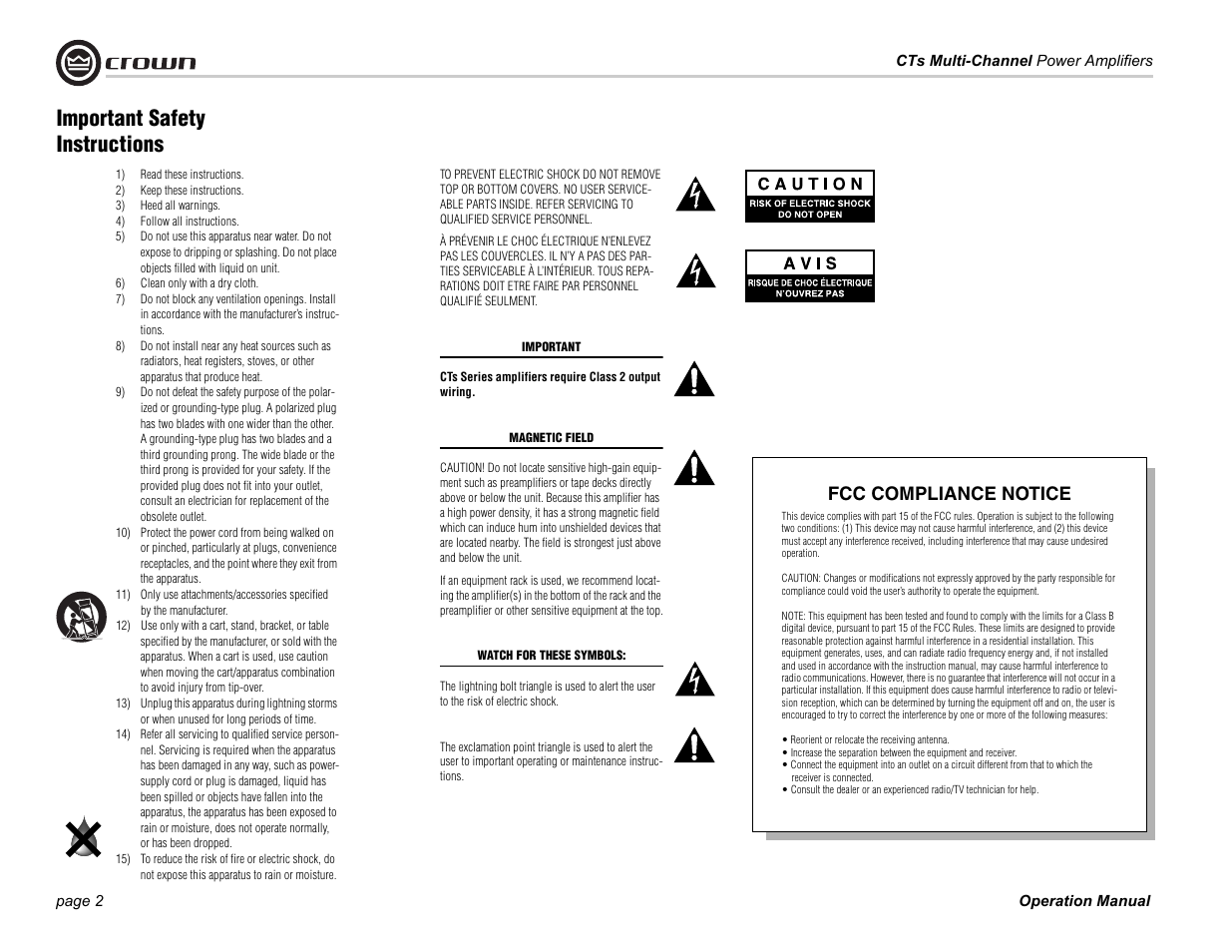 Important safety instructions, Fcc compliance notice | Crown CTS 4200 User Manual | Page 2 / 32