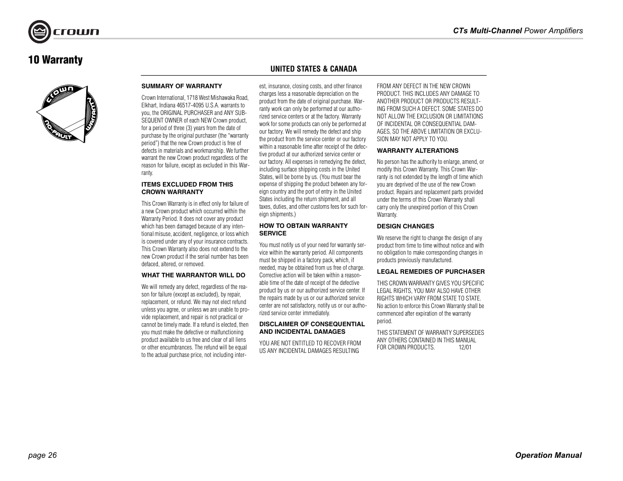 10 warranty | Crown CTS 4200 User Manual | Page 26 / 32