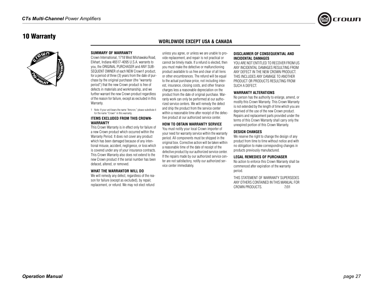 10 warranty | Crown CTS 4200 User Manual | Page 27 / 32