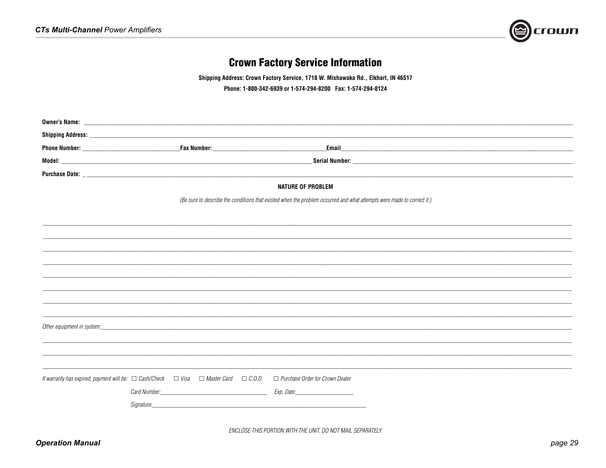 Crown factory service information | Crown CTS 4200 User Manual | Page 29 / 32