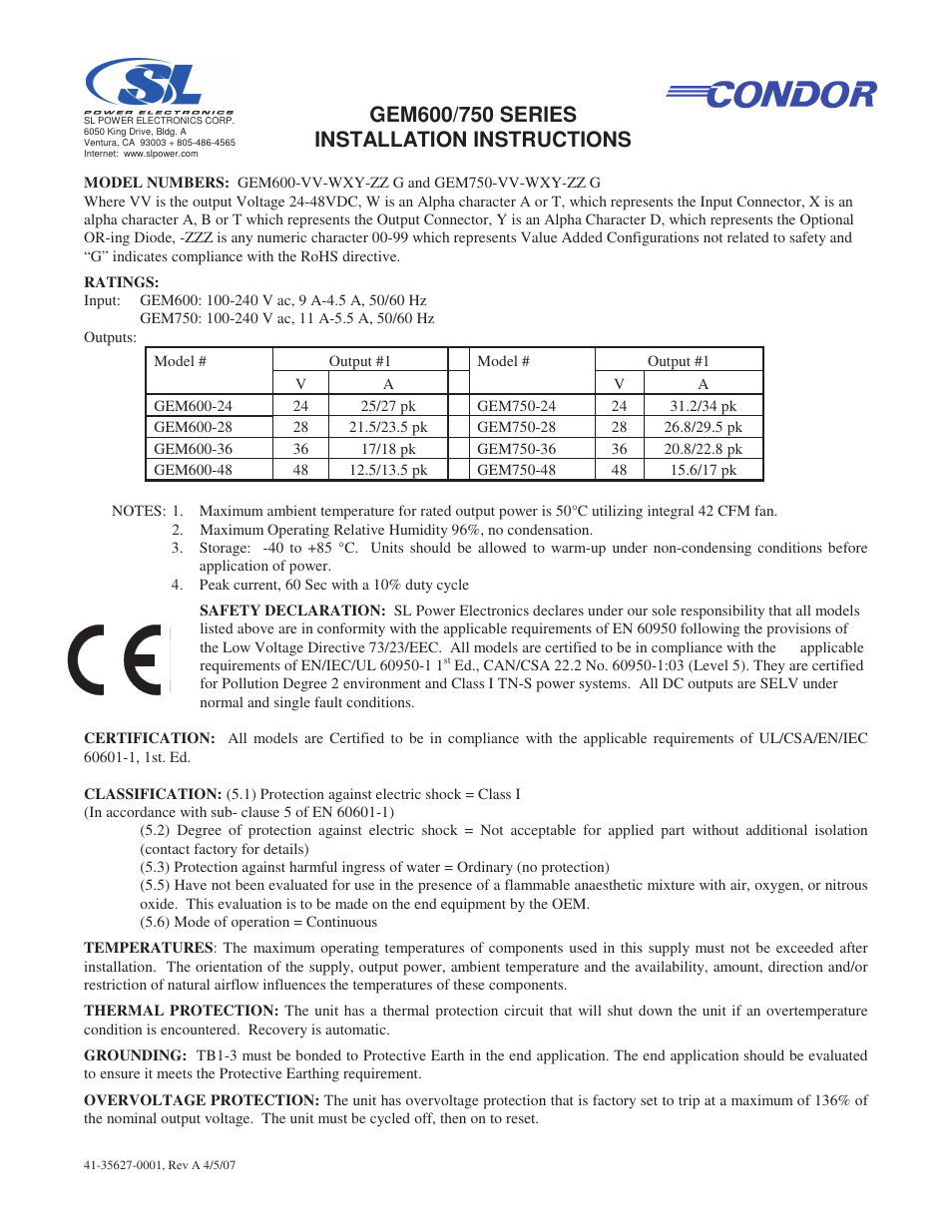 SL Power Electronics GEM600 User Manual | 2 pages