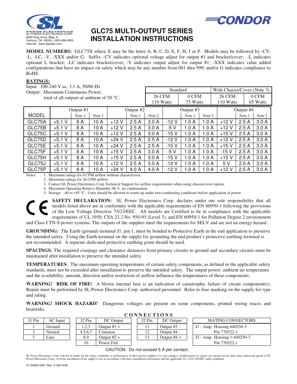 SL Power Electronics GLC75 Multiple Output User Manual | 1 page