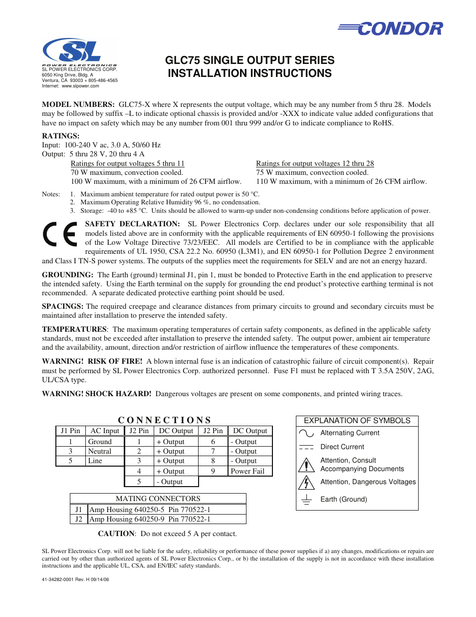 SL Power Electronics GLC75 Single Output User Manual | 1 page