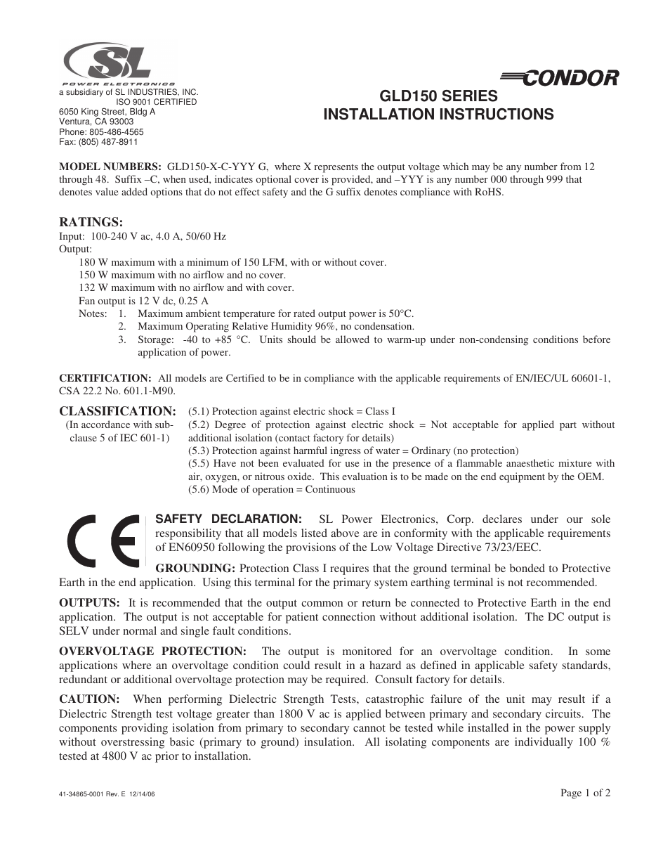 SL Power Electronics GLD150 User Manual | 2 pages