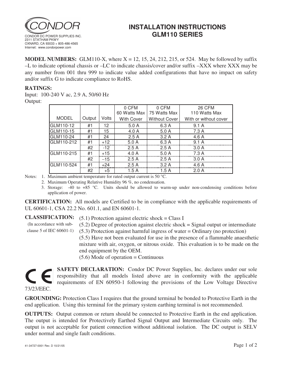 SL Power Electronics GLM110 User Manual | 2 pages