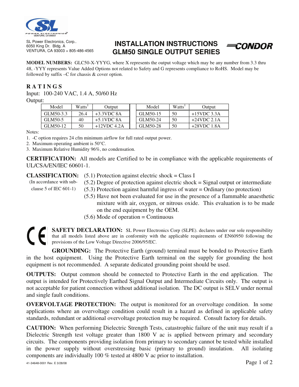 SL Power Electronics GLM50 Single O/P User Manual | 2 pages