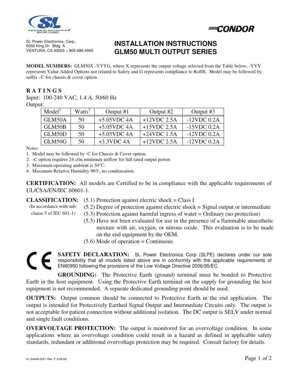 SL Power Electronics GLM50 Triple O/P User Manual | 2 pages