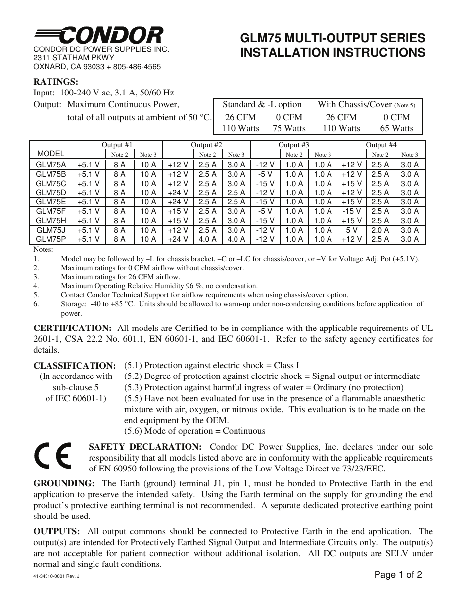 SL Power Electronics GLM75 Multiple Output User Manual | 2 pages