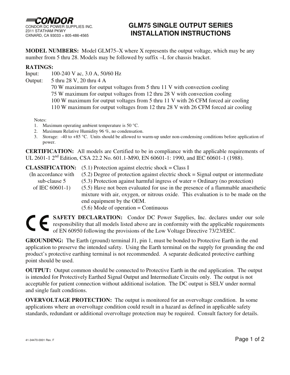 SL Power Electronics GLM75 Single Output User Manual | 2 pages