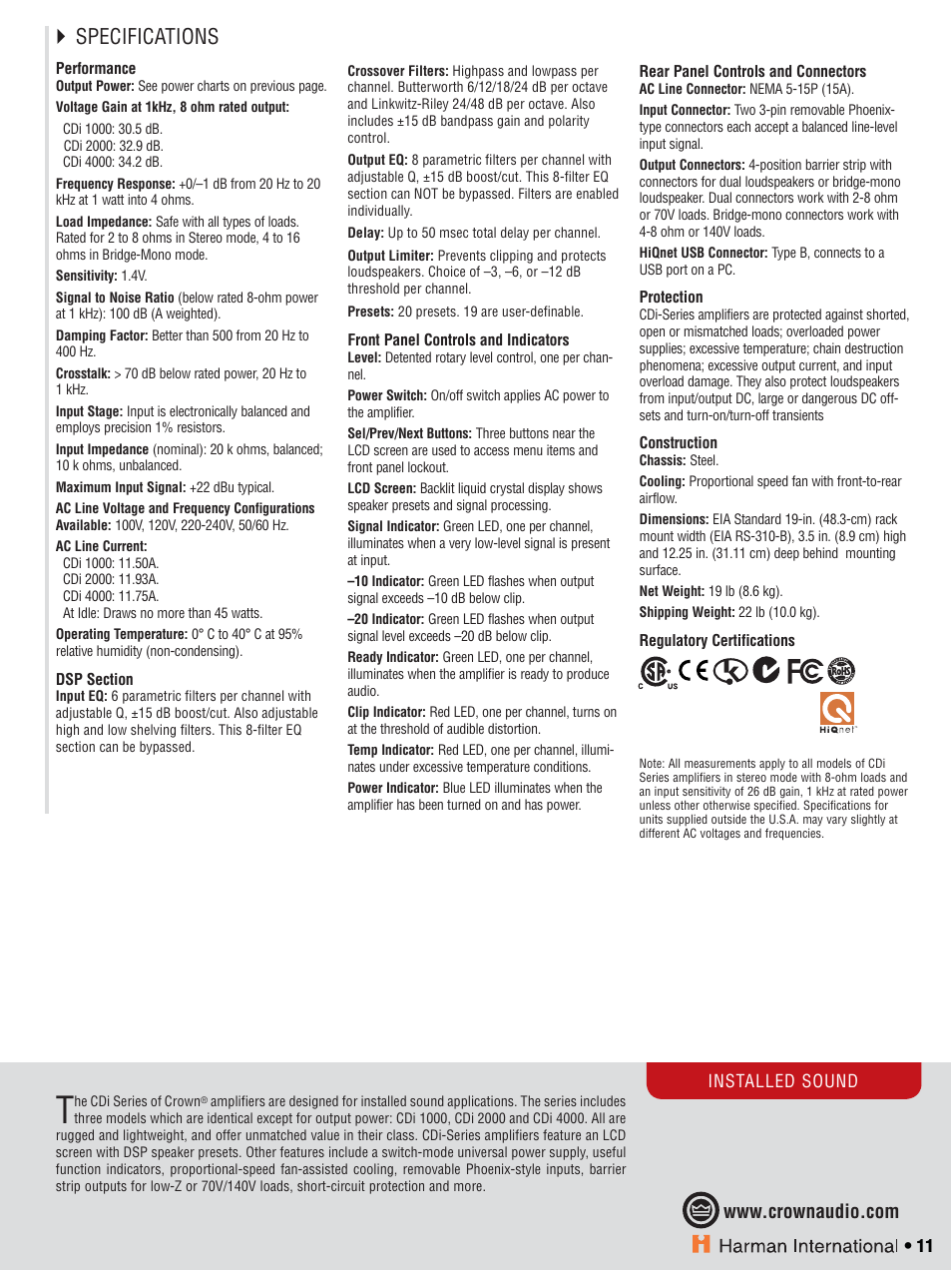 Specifications | Crown CTS 600 User Manual | Page 11 / 83