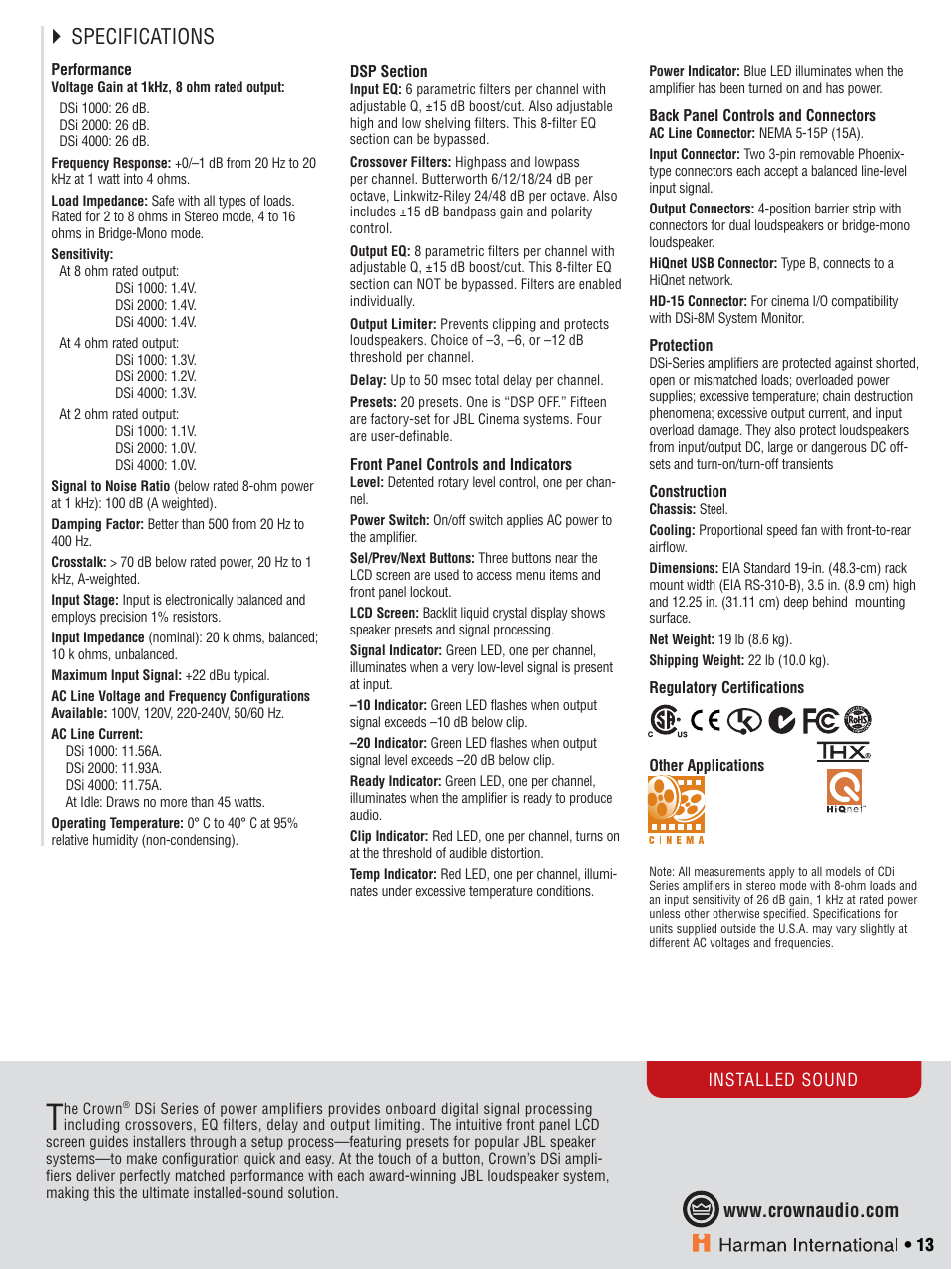 Specifications | Crown CTS 600 User Manual | Page 13 / 83