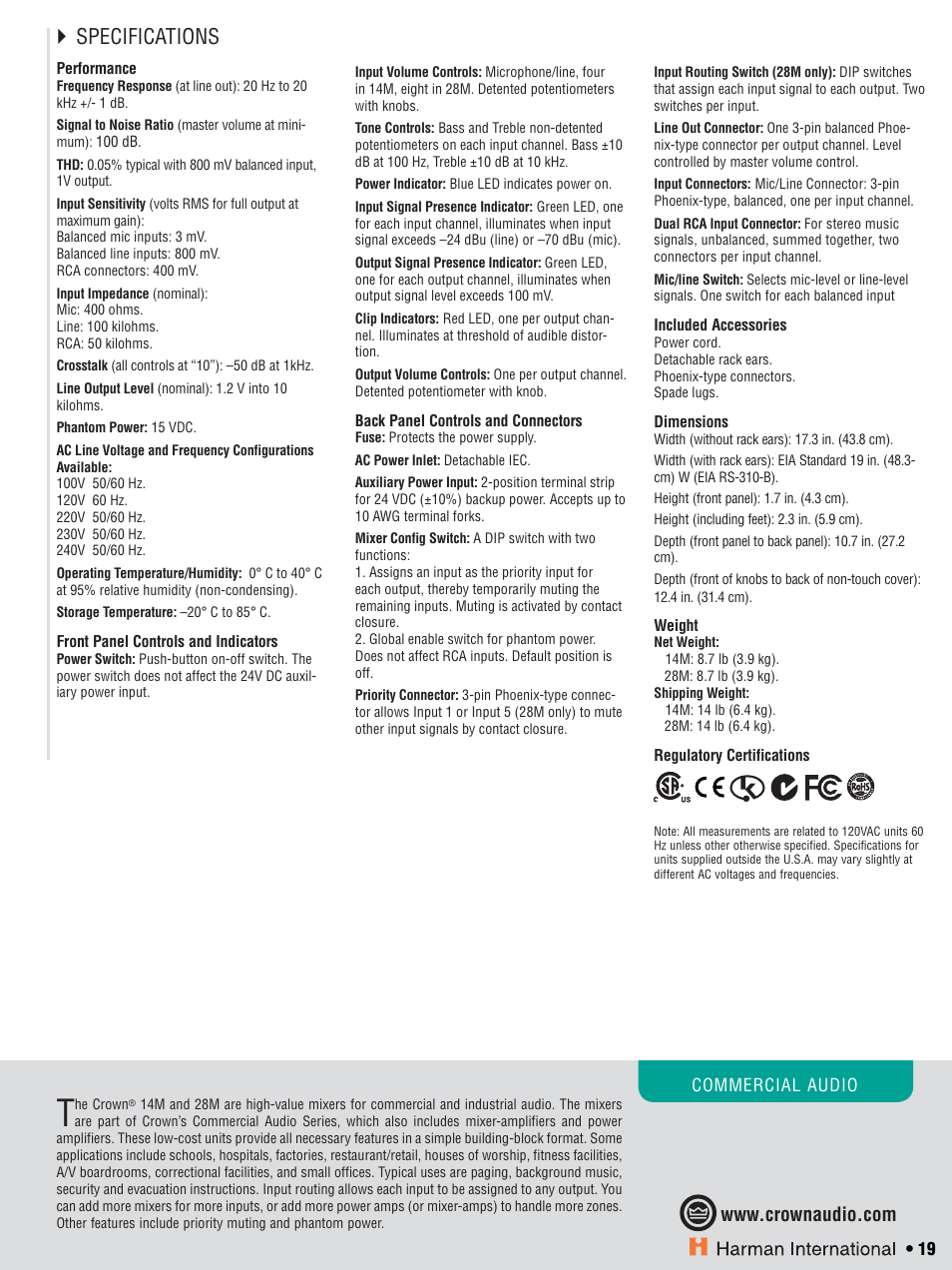 Specifications | Crown CTS 600 User Manual | Page 19 / 83