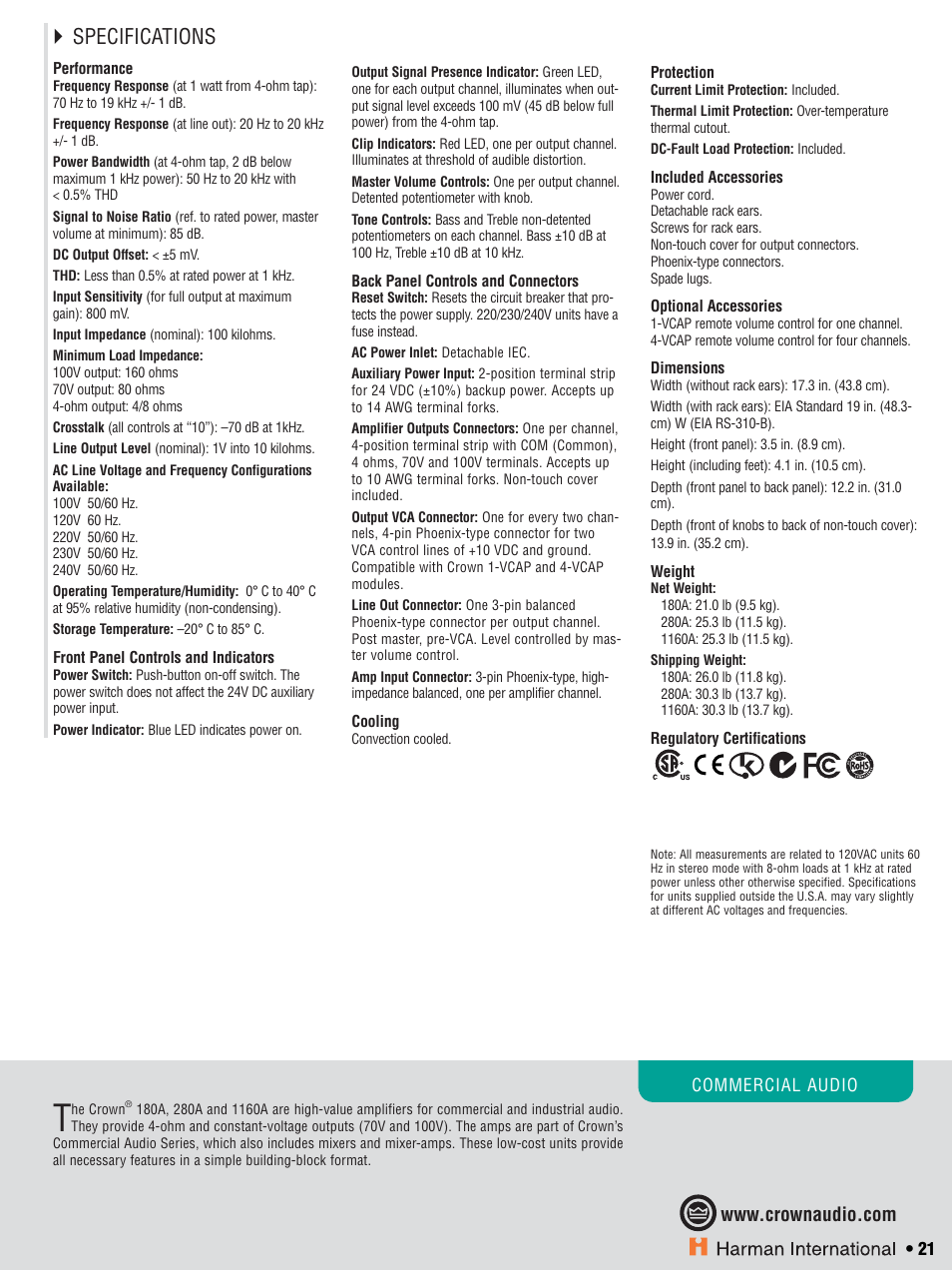 Specifications | Crown CTS 600 User Manual | Page 21 / 83