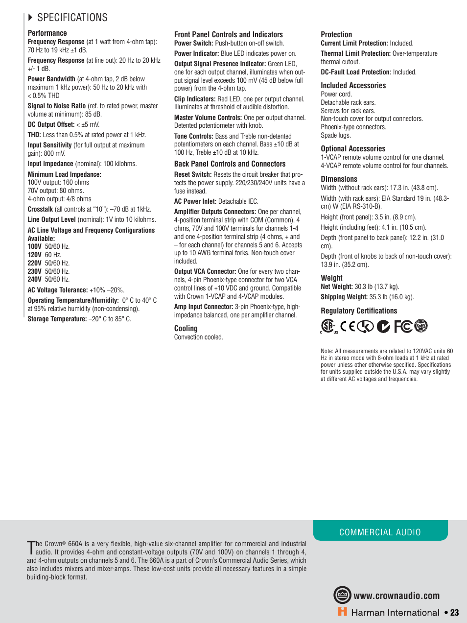 Specifications | Crown CTS 600 User Manual | Page 23 / 83