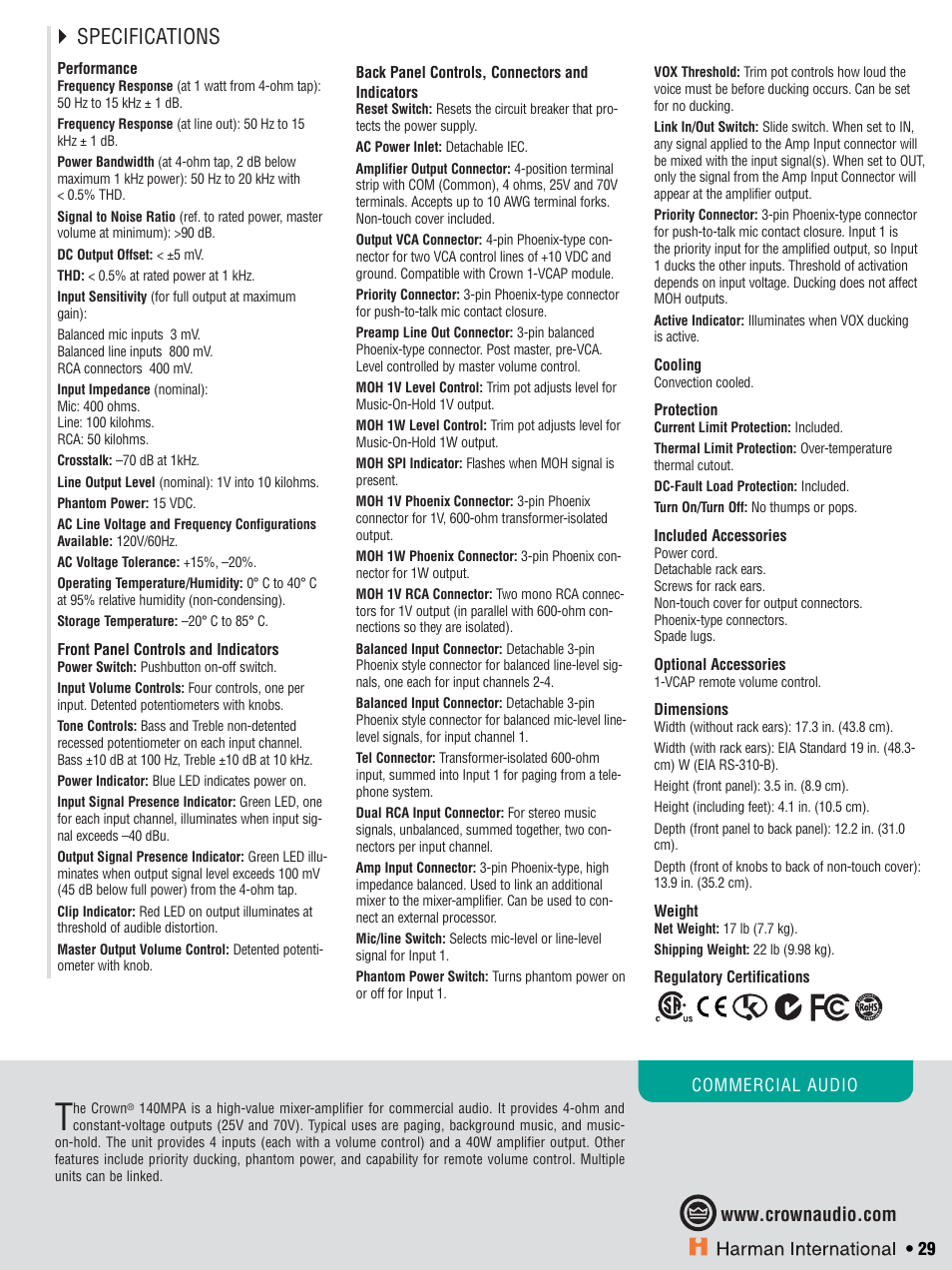 Specifications | Crown CTS 600 User Manual | Page 29 / 83