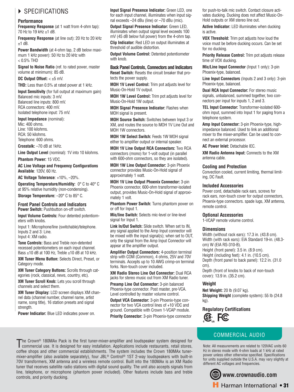 Specifications | Crown CTS 600 User Manual | Page 31 / 83