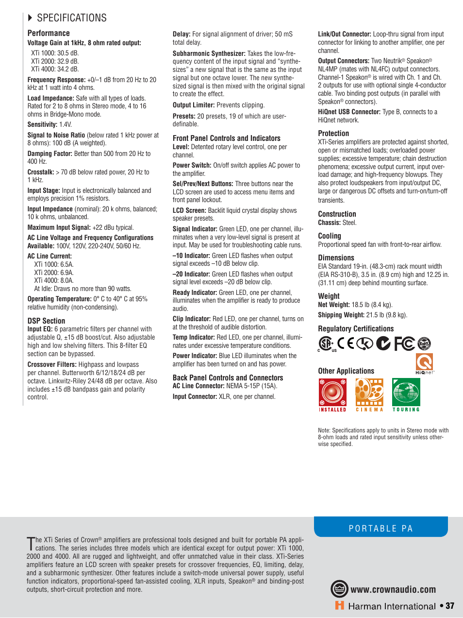 Specifications | Crown CTS 600 User Manual | Page 37 / 83