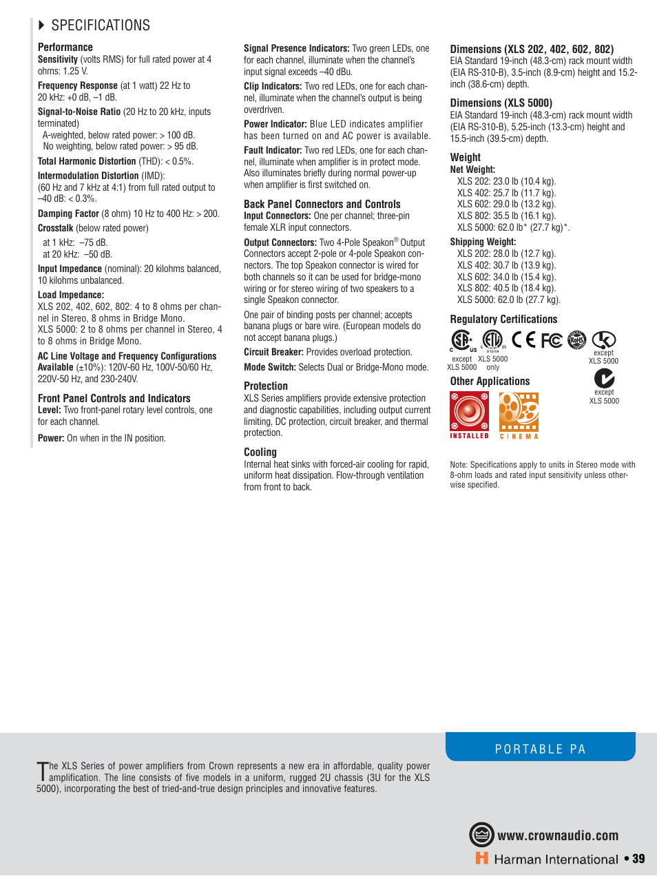 Specifications | Crown CTS 600 User Manual | Page 39 / 83