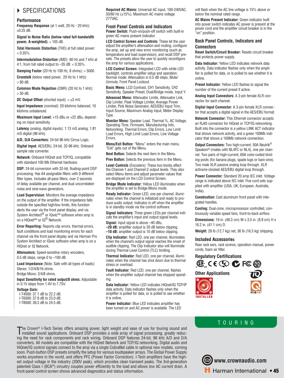 Specifications | Crown CTS 600 User Manual | Page 45 / 83