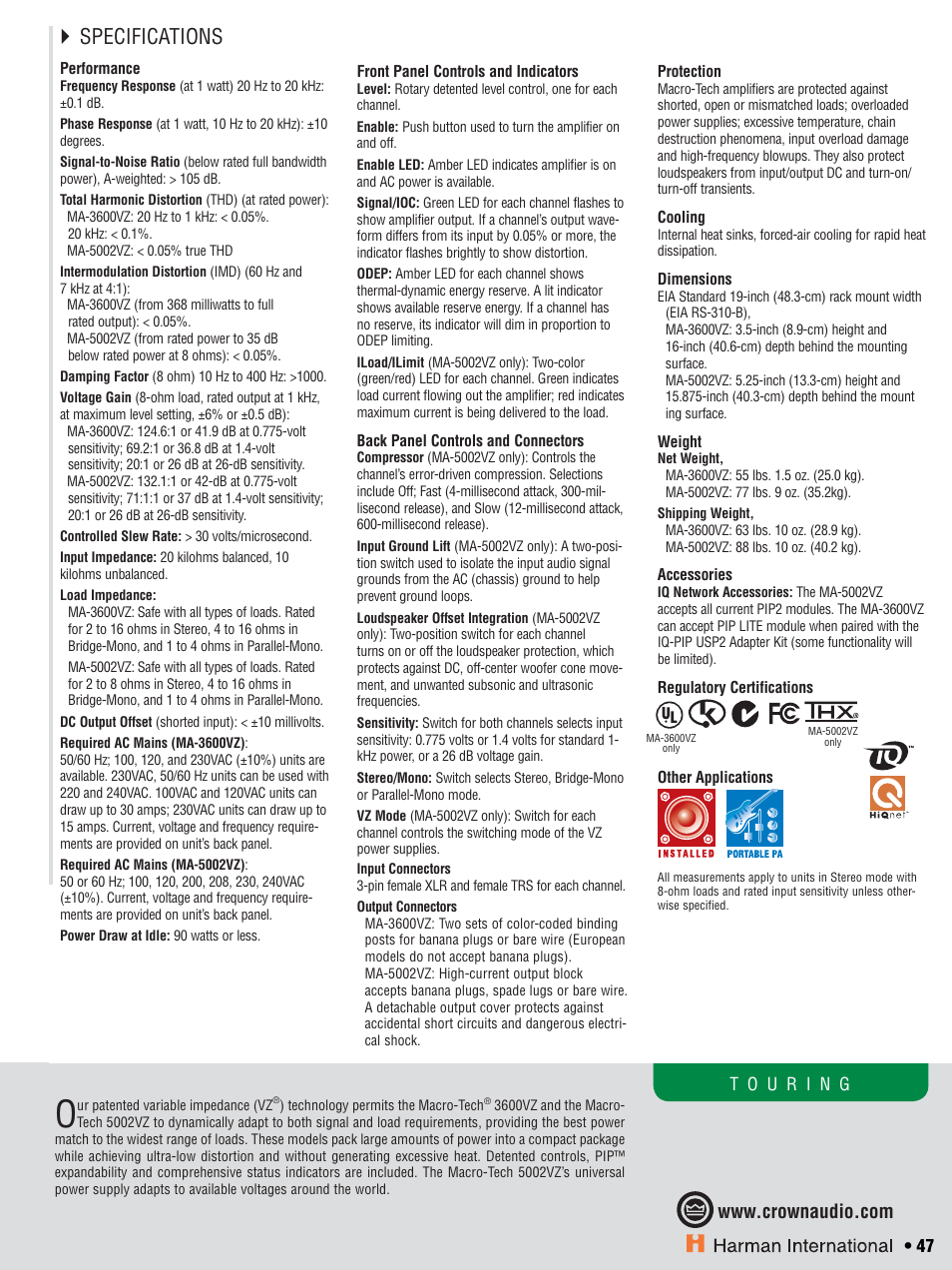 Specifications | Crown CTS 600 User Manual | Page 47 / 83