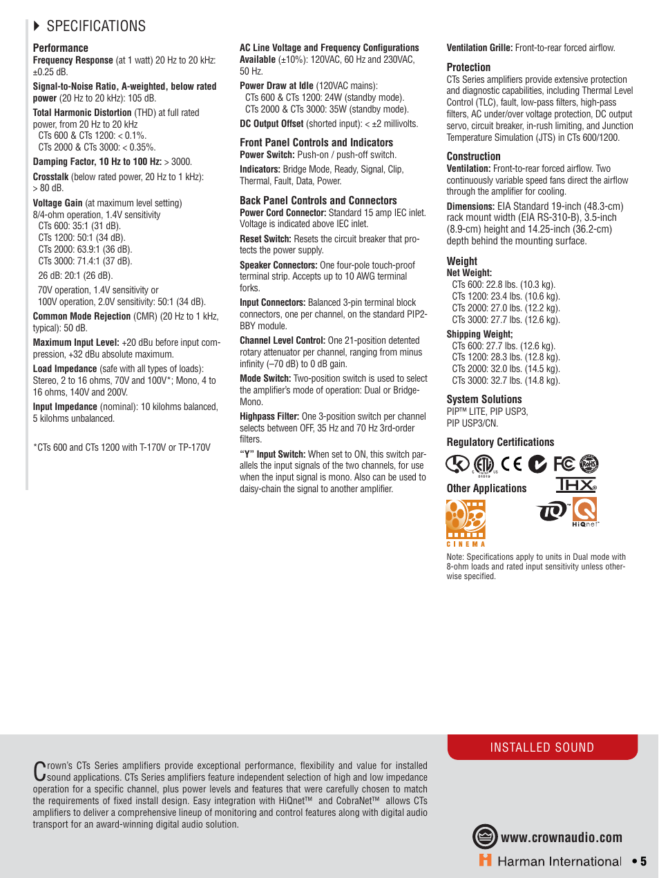 Specifications | Crown CTS 600 User Manual | Page 5 / 83