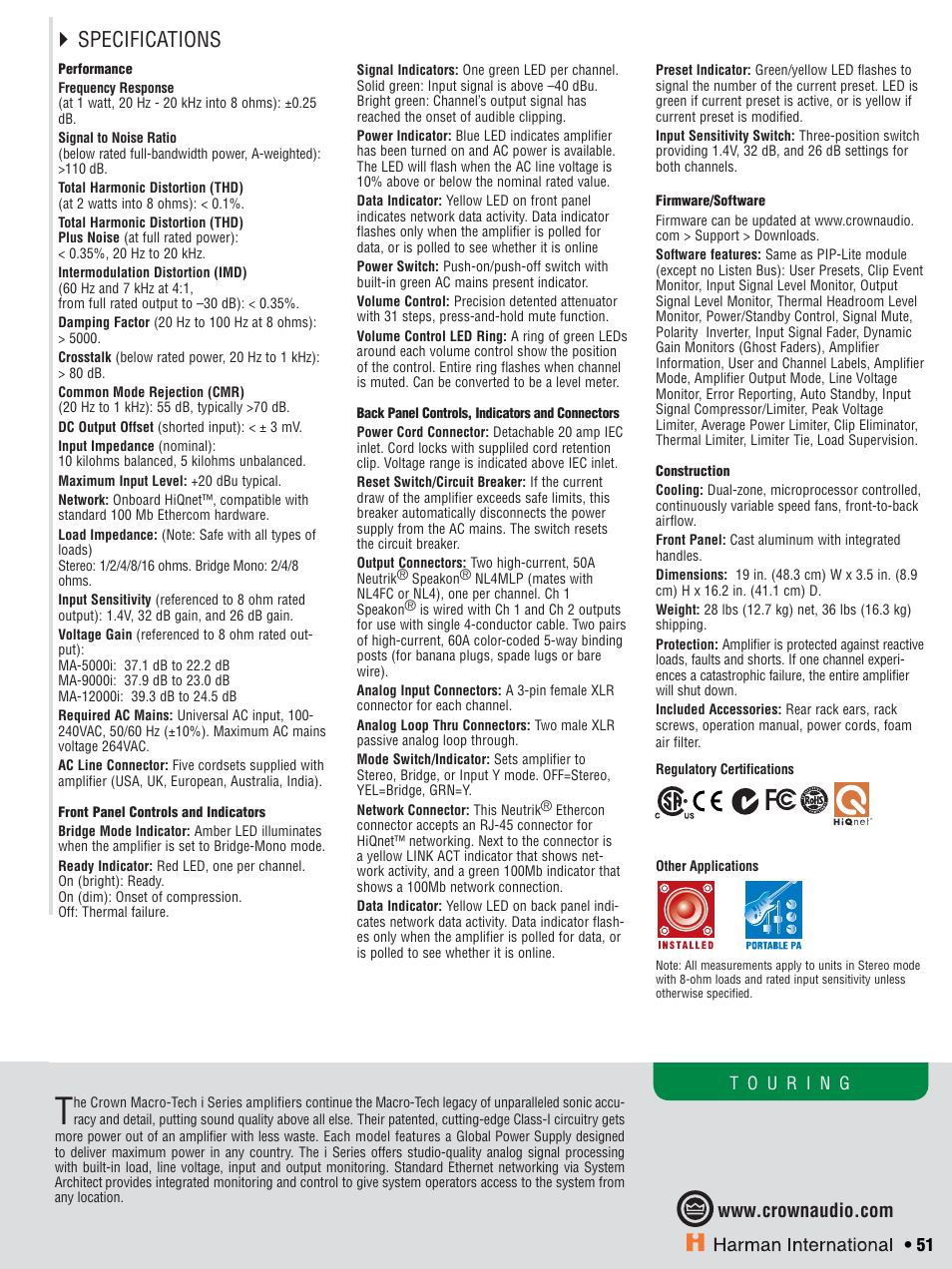 Specifications | Crown CTS 600 User Manual | Page 51 / 83