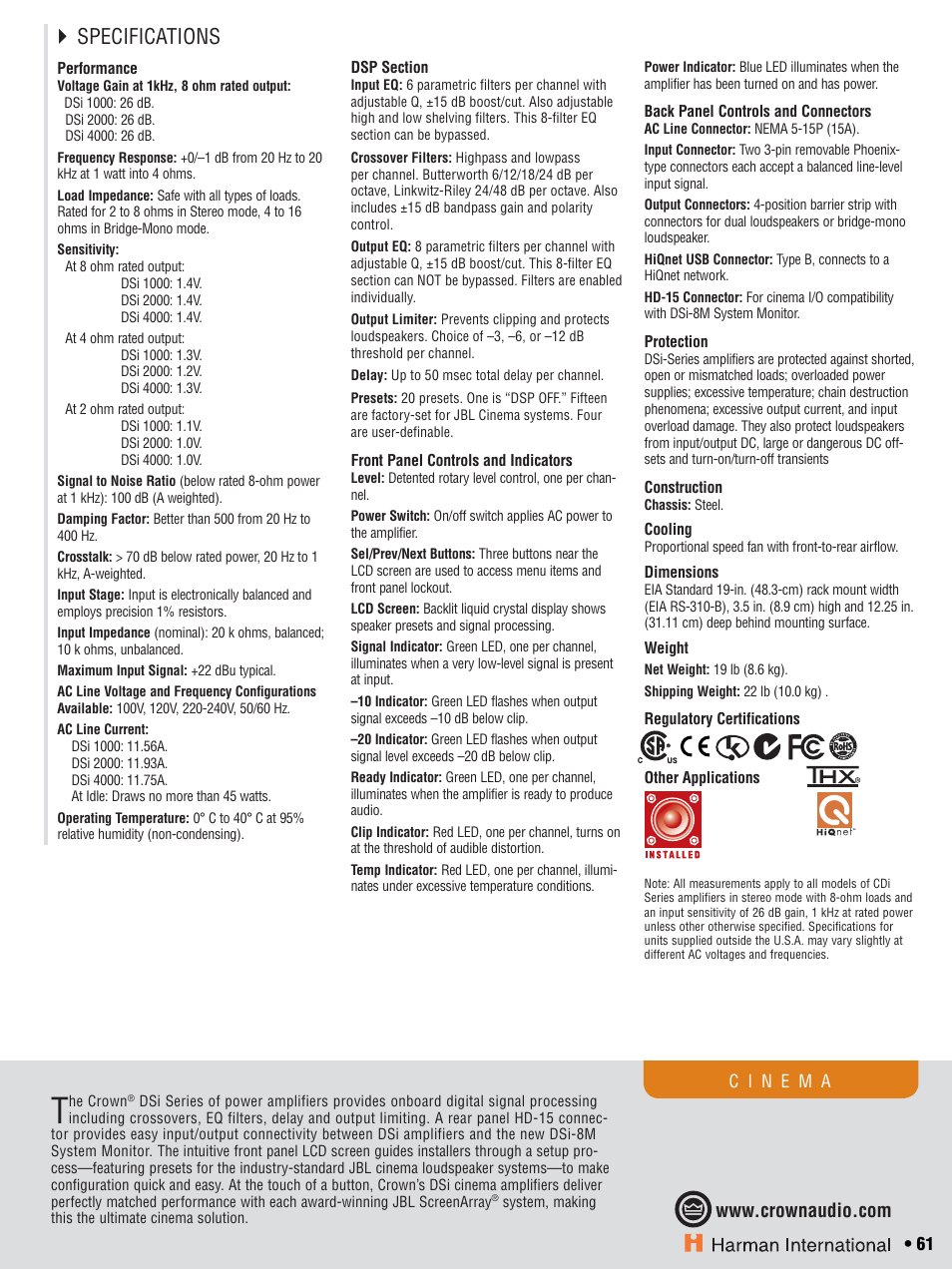 Specifications | Crown CTS 600 User Manual | Page 61 / 83