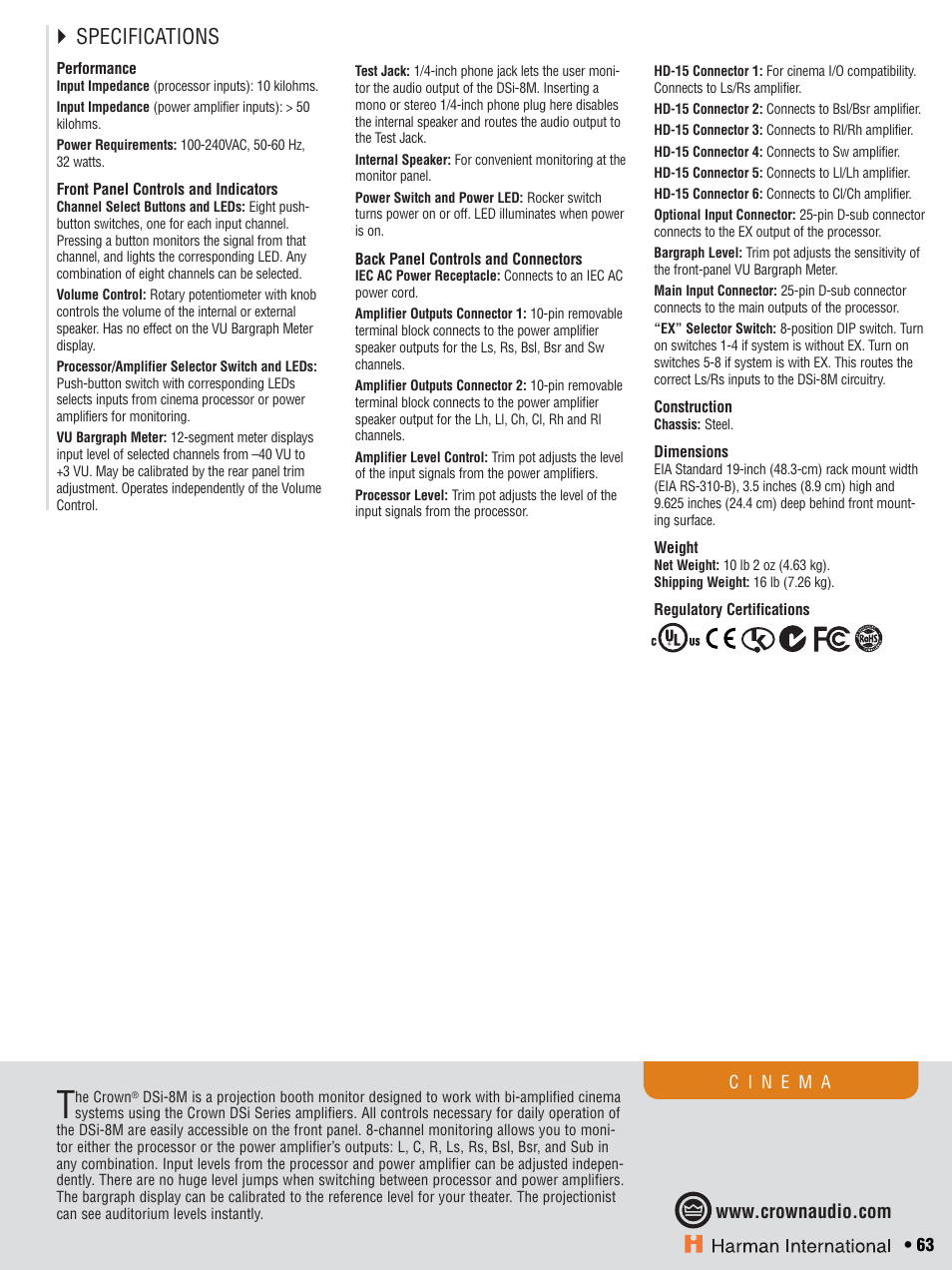 Specifications | Crown CTS 600 User Manual | Page 63 / 83