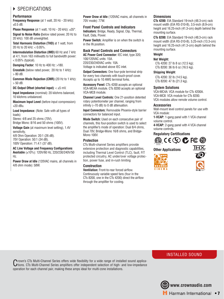 Specifications | Crown CTS 600 User Manual | Page 7 / 83