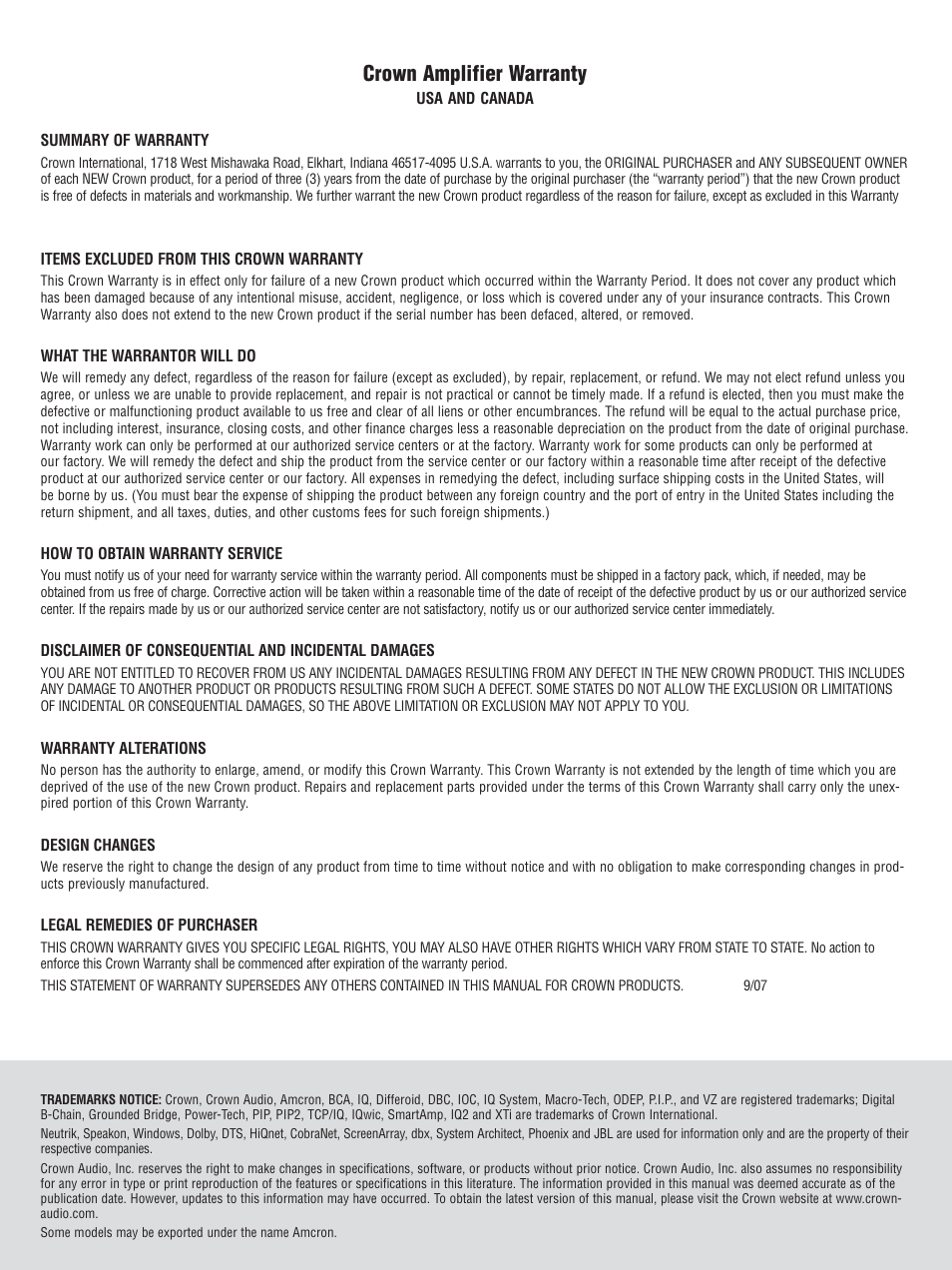 Crown amplifier warranty | Crown CTS 600 User Manual | Page 82 / 83