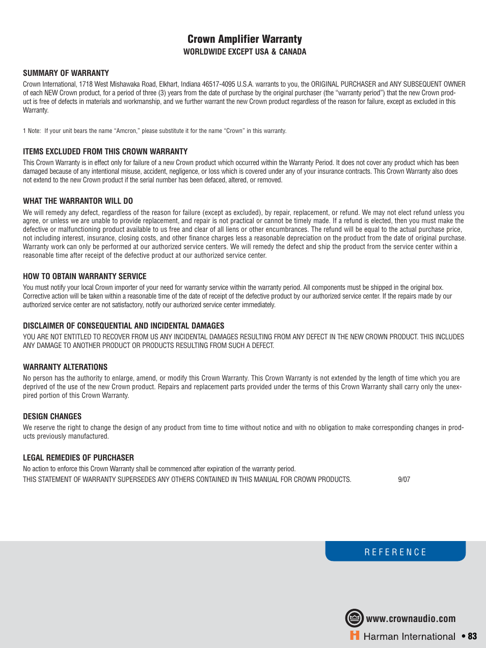 Crown amplifier warranty | Crown CTS 600 User Manual | Page 83 / 83