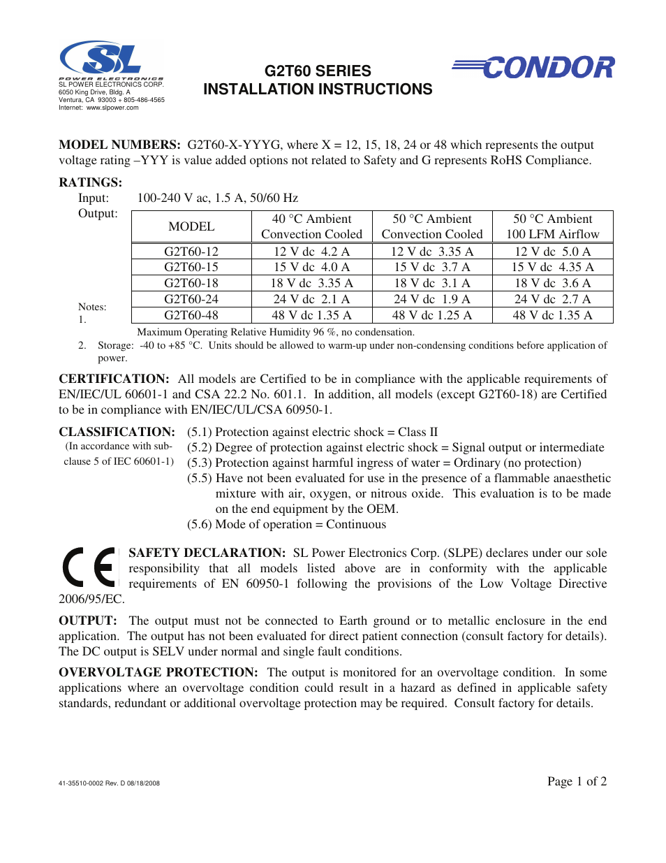 SL Power Electronics G2T60 User Manual | 2 pages