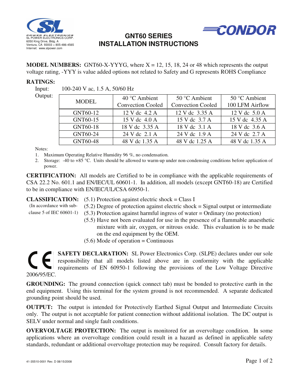SL Power Electronics GNT60 User Manual | 2 pages
