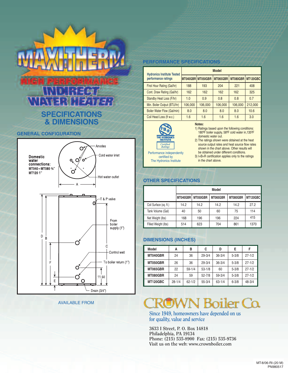 Specifications & dimensions | Crown MT040GBR User Manual | Page 2 / 2