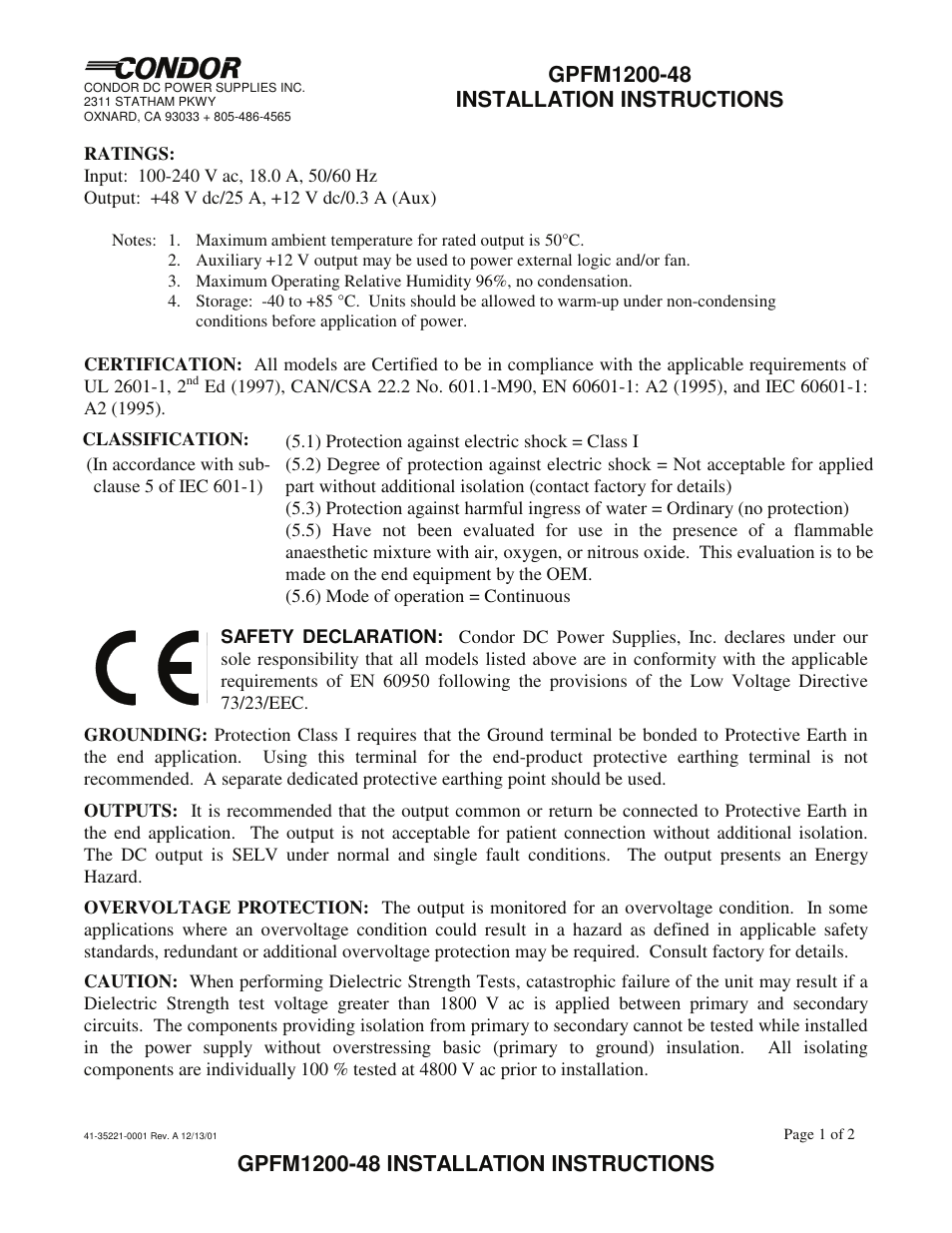 SL Power Electronics GPFM1200 User Manual | 2 pages