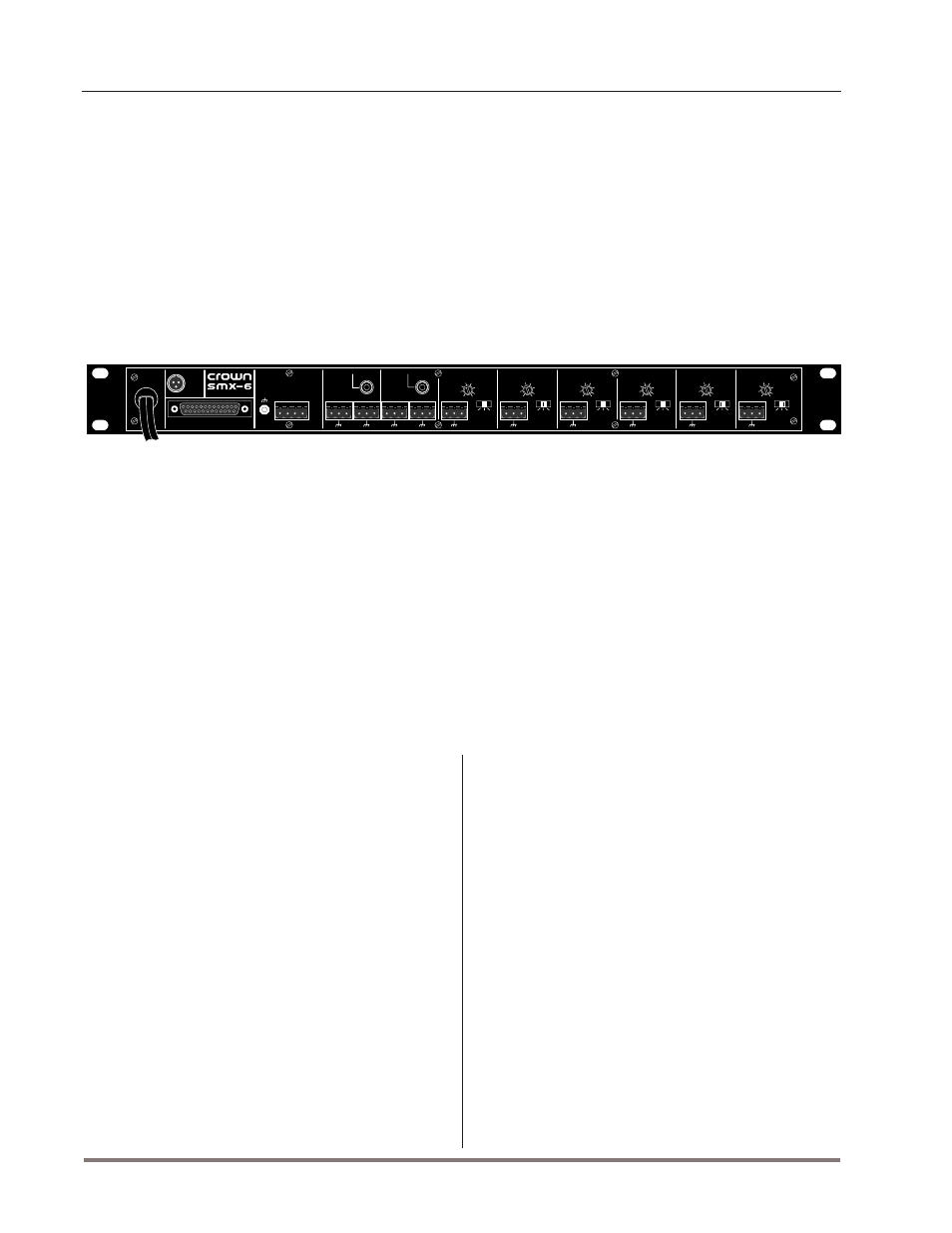 Facilities 1, 2 facilities, Aux connector | Stack audio inputs, Dspi, Enable indicator, Audio input gain control, Crown bus ground connector, This chassis ground stud is provided to connect an, Figure 2.1 front and rear panels | Crown AMB-5 User Manual | Page 8 / 28