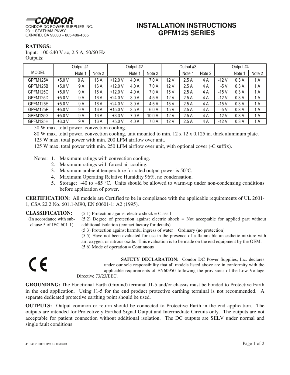 SL Power Electronics GPFM125 User Manual | 2 pages
