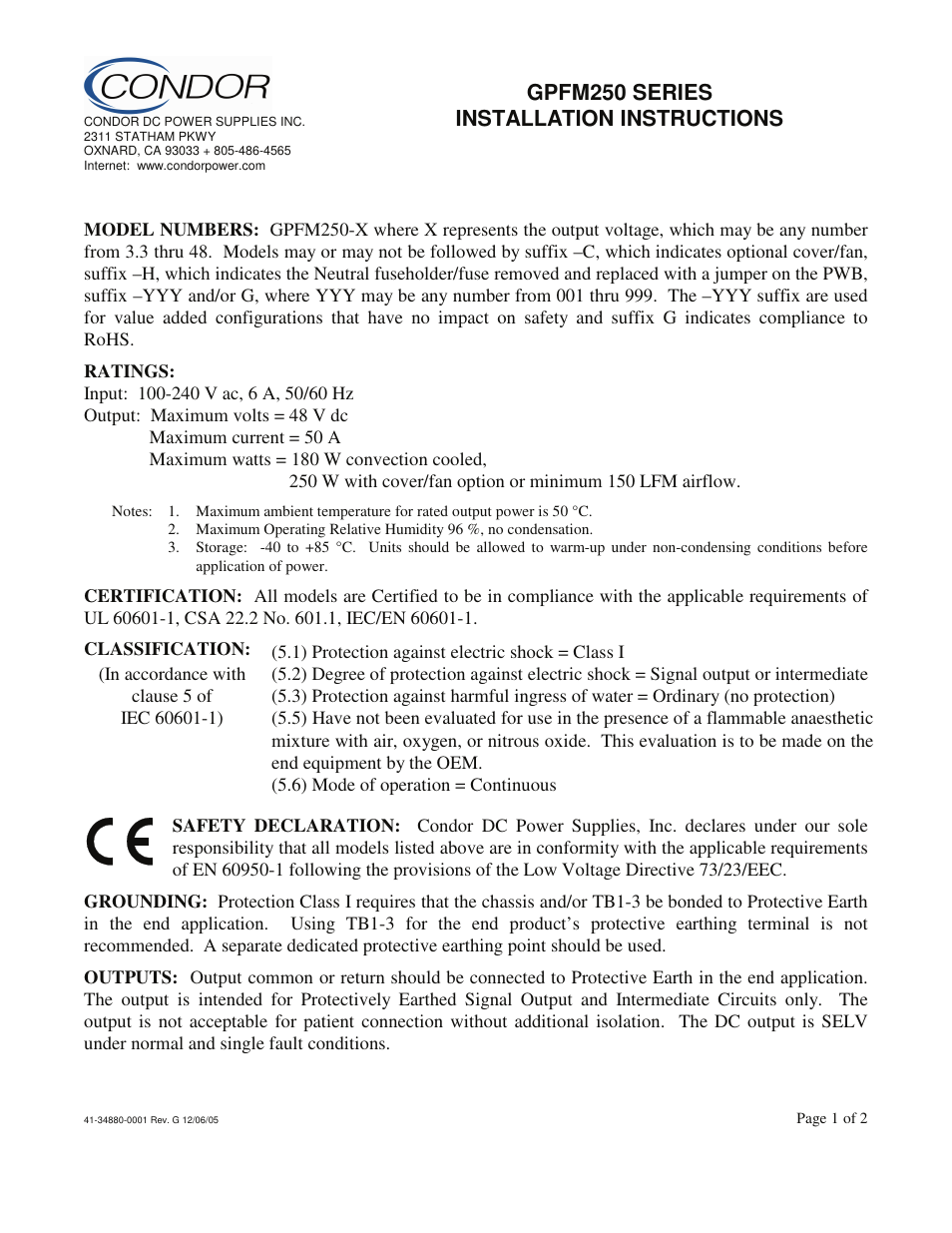 SL Power Electronics GPFM250 User Manual | 2 pages