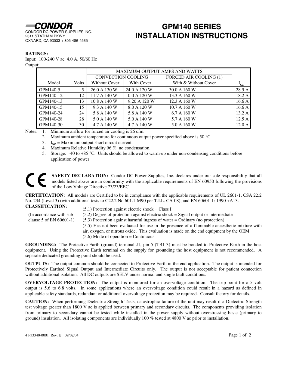 SL Power Electronics GPM140 User Manual | 2 pages