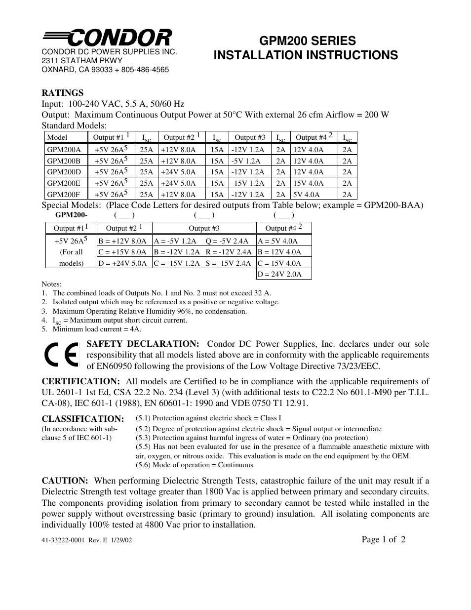 SL Power Electronics GPM200 User Manual | 2 pages
