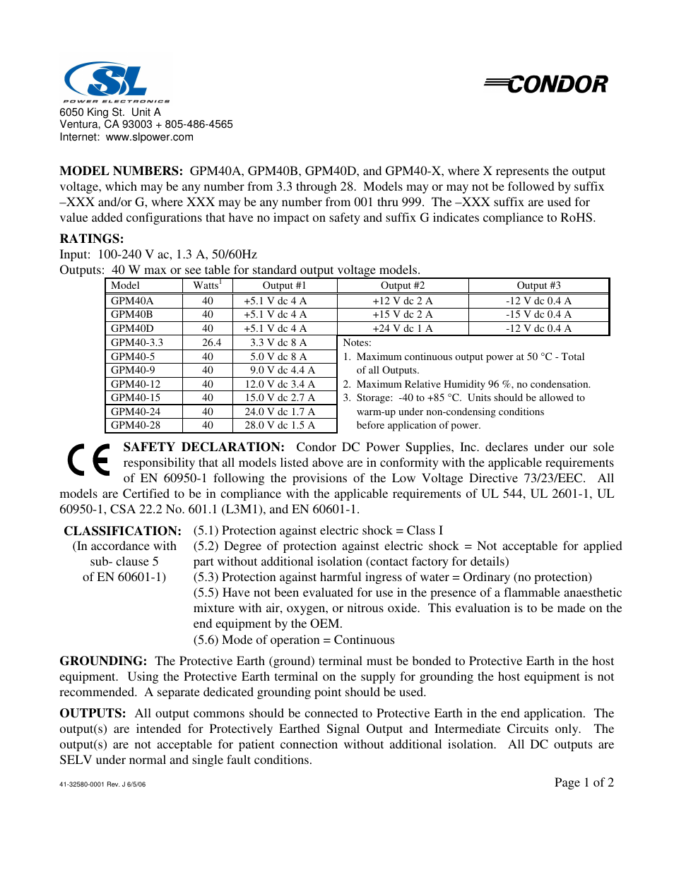 SL Power Electronics GPM40 User Manual | 2 pages