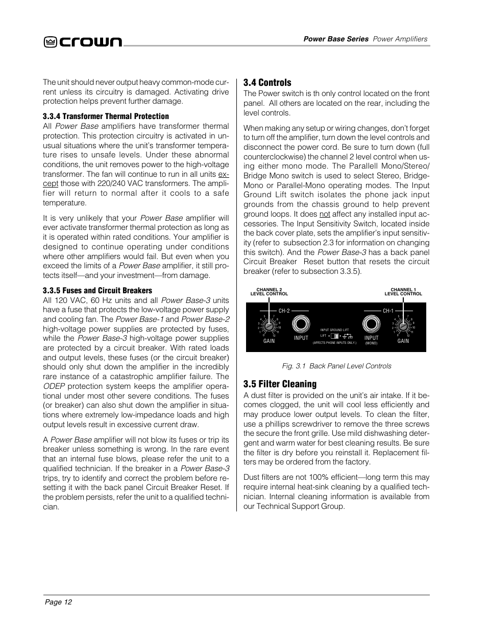 4 controls, 5 filter cleaning, Power base series power amplifiers page 12 | Fig. 3.1 back panel level controls | Crown POWER BASE 3 User Manual | Page 12 / 21