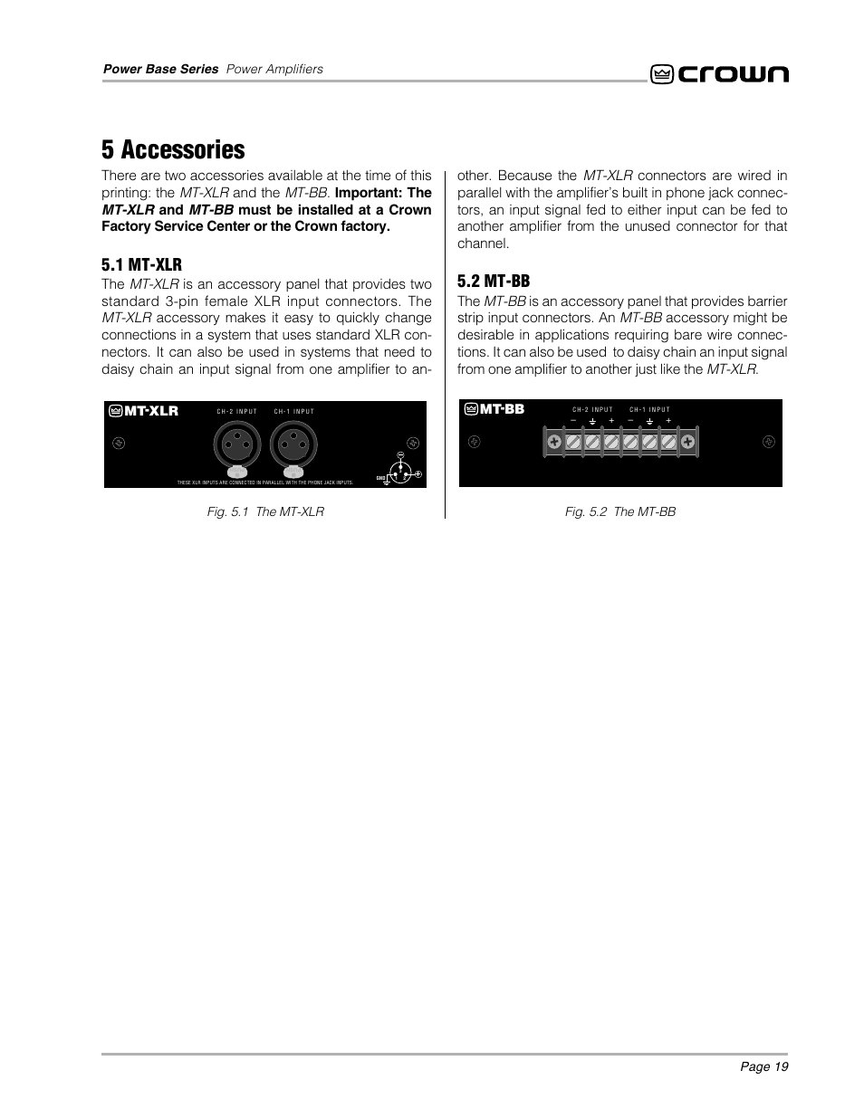 5 accessories, 1 mt-xlr, 2 mt-bb | Crown POWER BASE 3 User Manual | Page 19 / 21