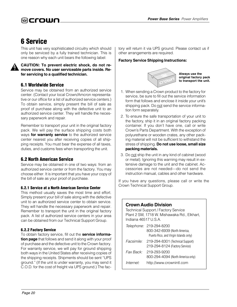 6 service | Crown POWER BASE 3 User Manual | Page 20 / 21