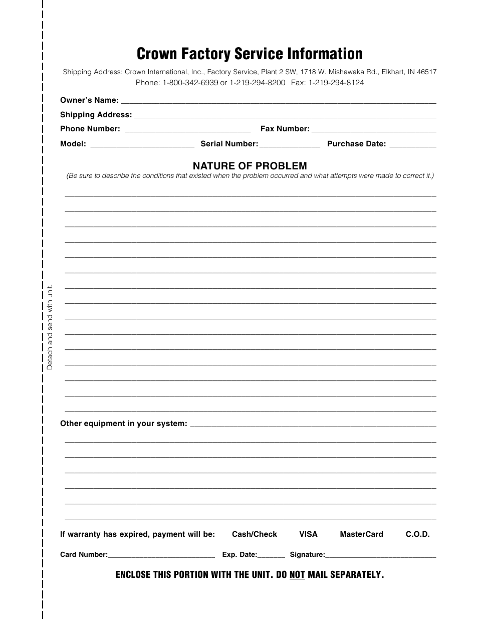 Crown factory service information, Nature of problem | Crown POWER BASE 3 User Manual | Page 21 / 21